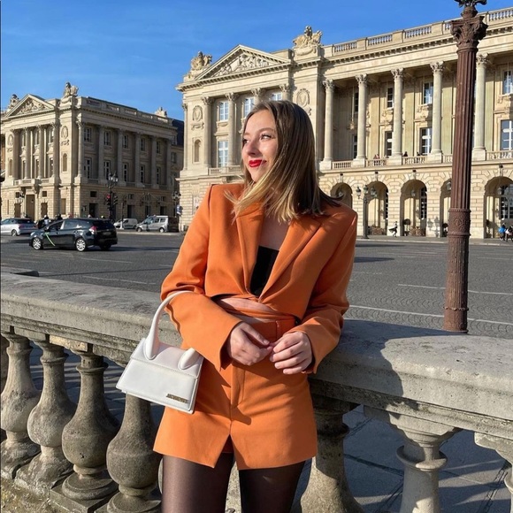 ZARA 2 piece Tangerine Tied Crop Blazer and Skort - Picture 3 of 11